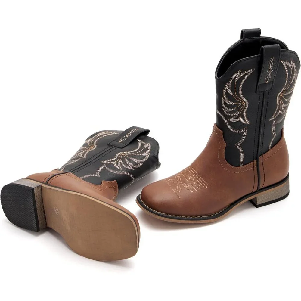 ⚡Girls Brown Black Embroidered Cowgirl Boots Western Square Toe Mid Calf